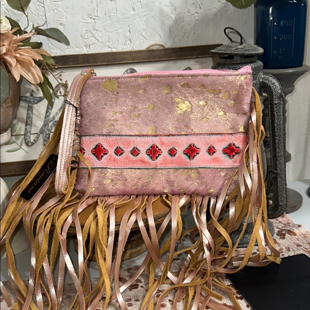 NWT Pink and Gold Clutch with Fringe